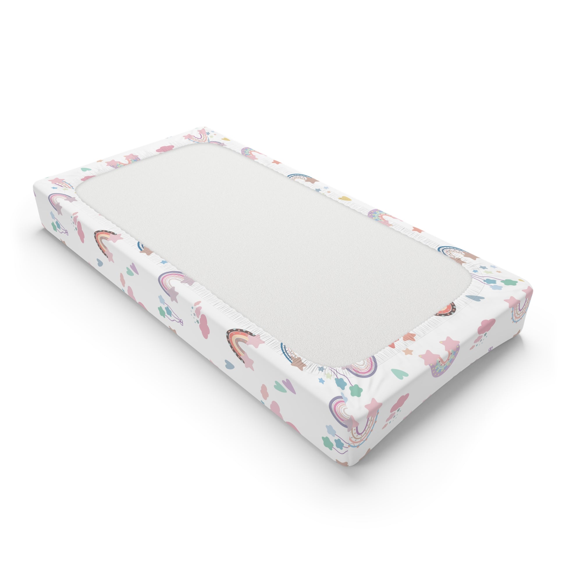 Changing pad cover with pastel rainbows, stars and hearts