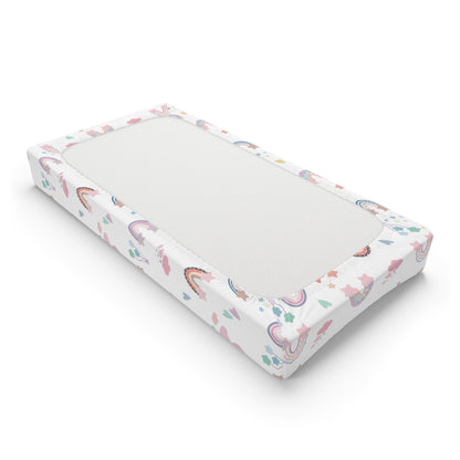 Changing pad cover with pastel rainbows, stars and hearts