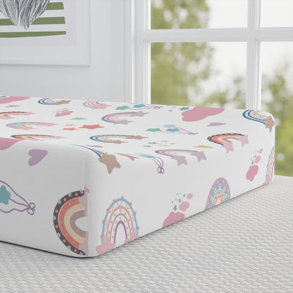 Close detail of the Confetti Rainbows print on the changing pad cover