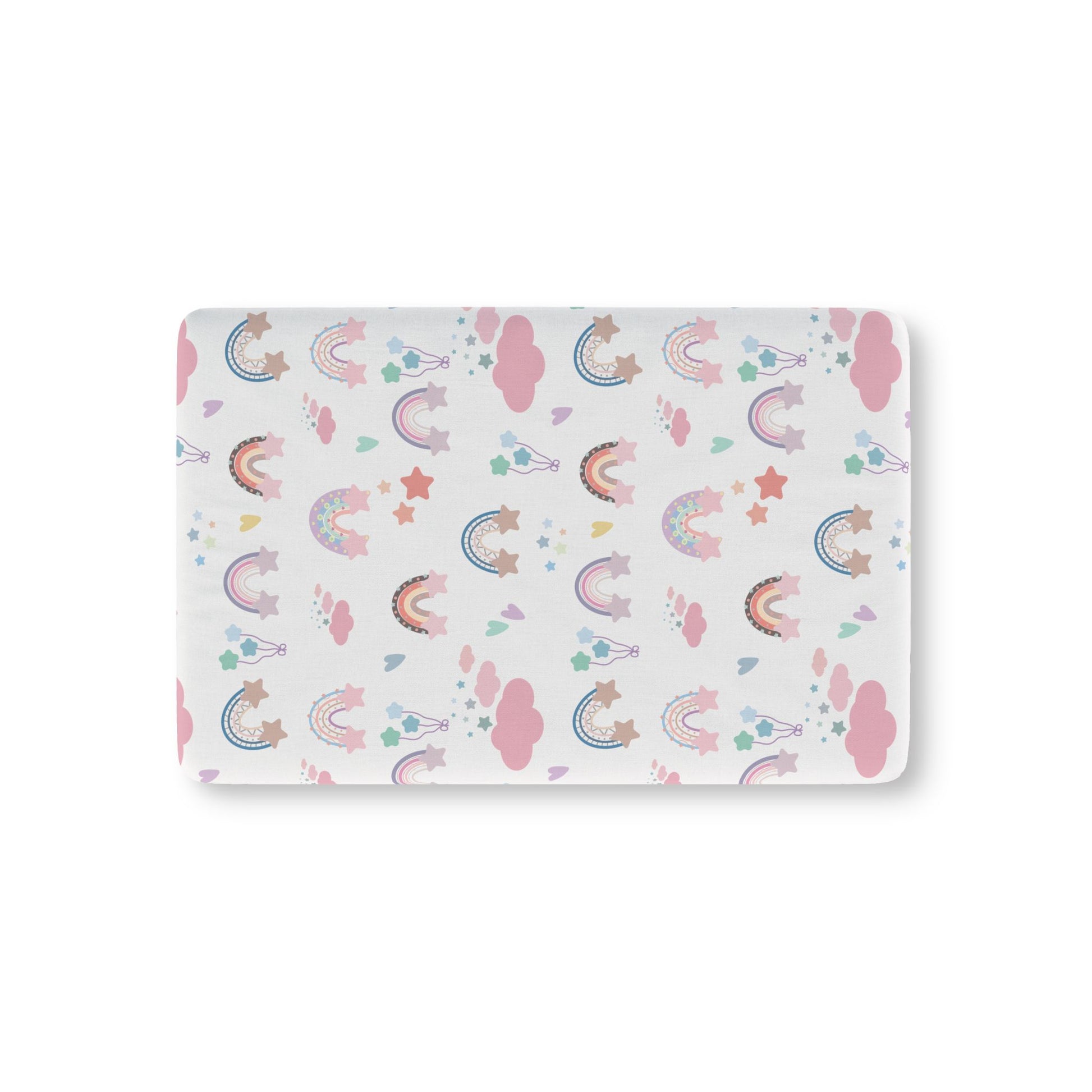 Confetti Rainbows fitted crib sheet on a nursery crib mattress