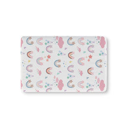 Confetti Rainbows fitted crib sheet on a nursery crib mattress