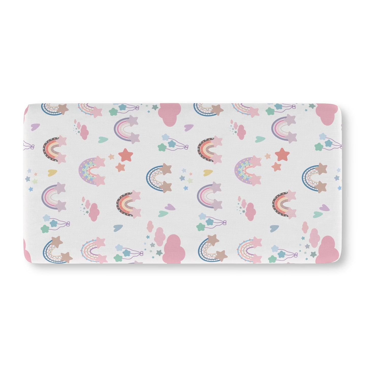 Fitted crib sheet with pastel rainbows and stars on white