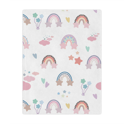 Minky baby blanket in pink and lilac, Confetti Rainbows print