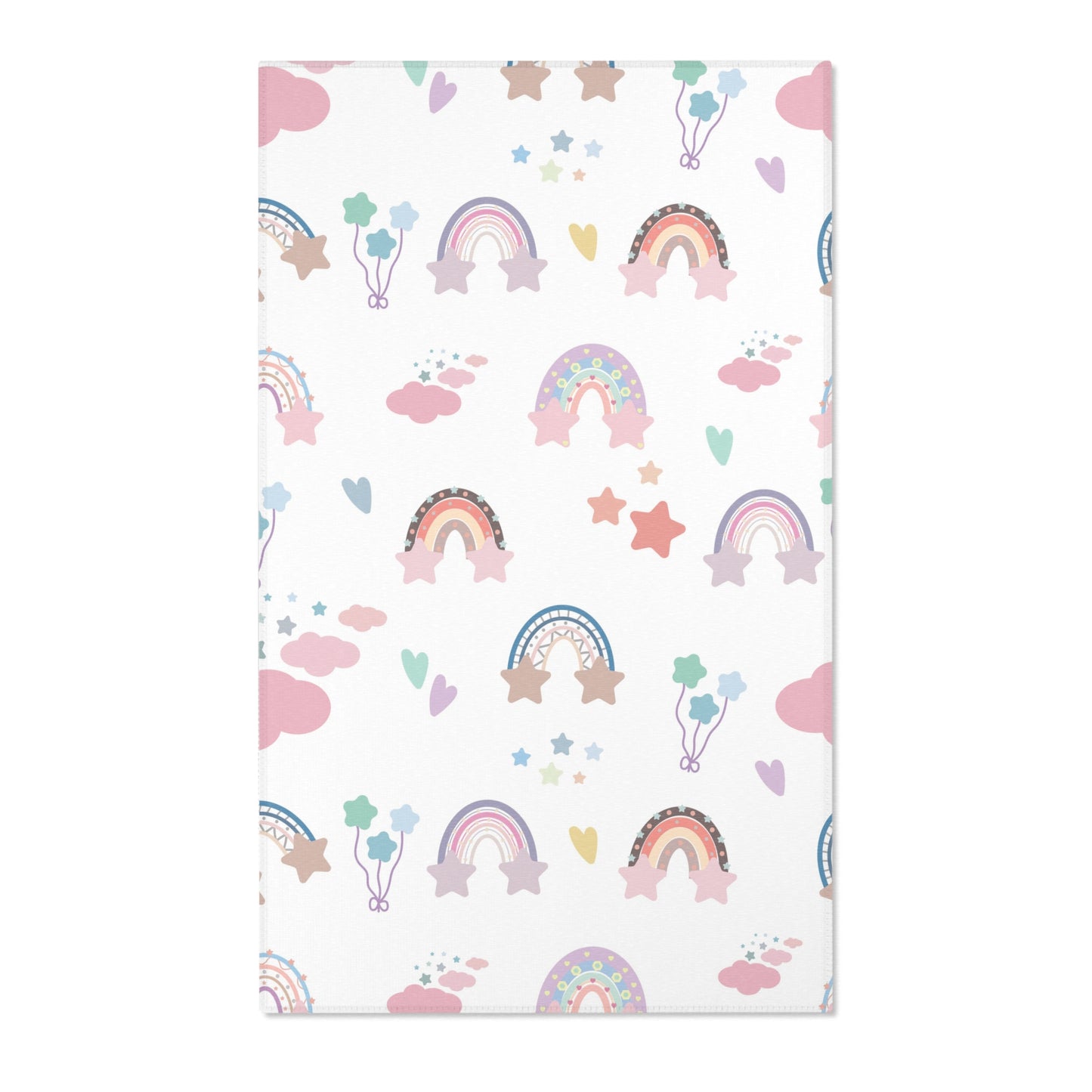 Pastel rainbow nursery area rug on a white ground