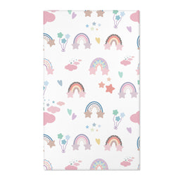 Pastel rainbow nursery area rug on a white ground