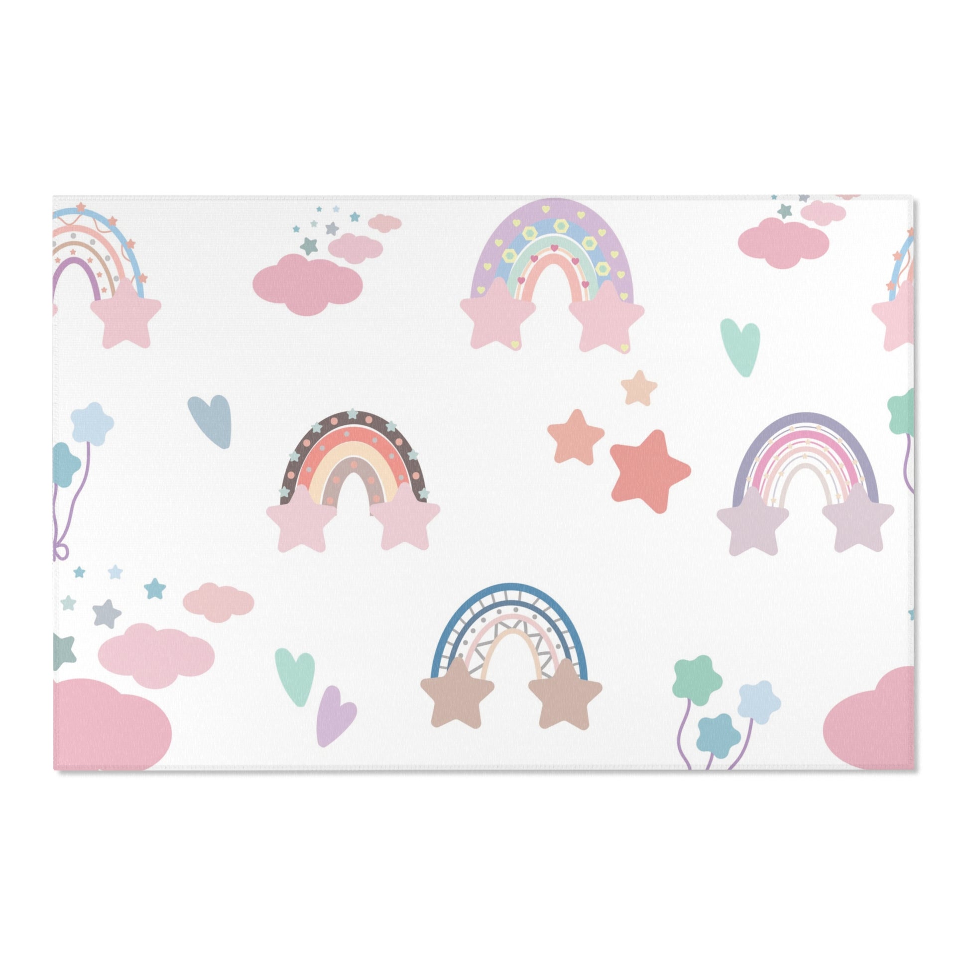 Low pile nursery rug with pastel rainbows and hearts