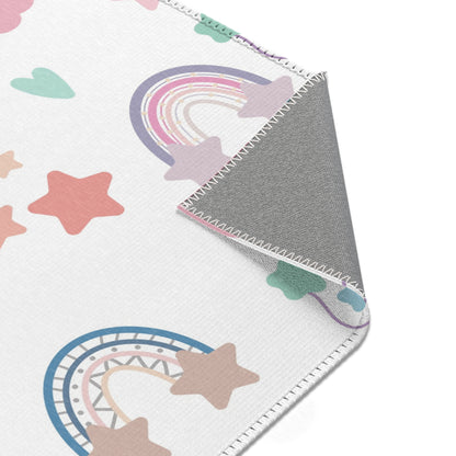 Confetti Rainbows nursery rug pattern shown flat