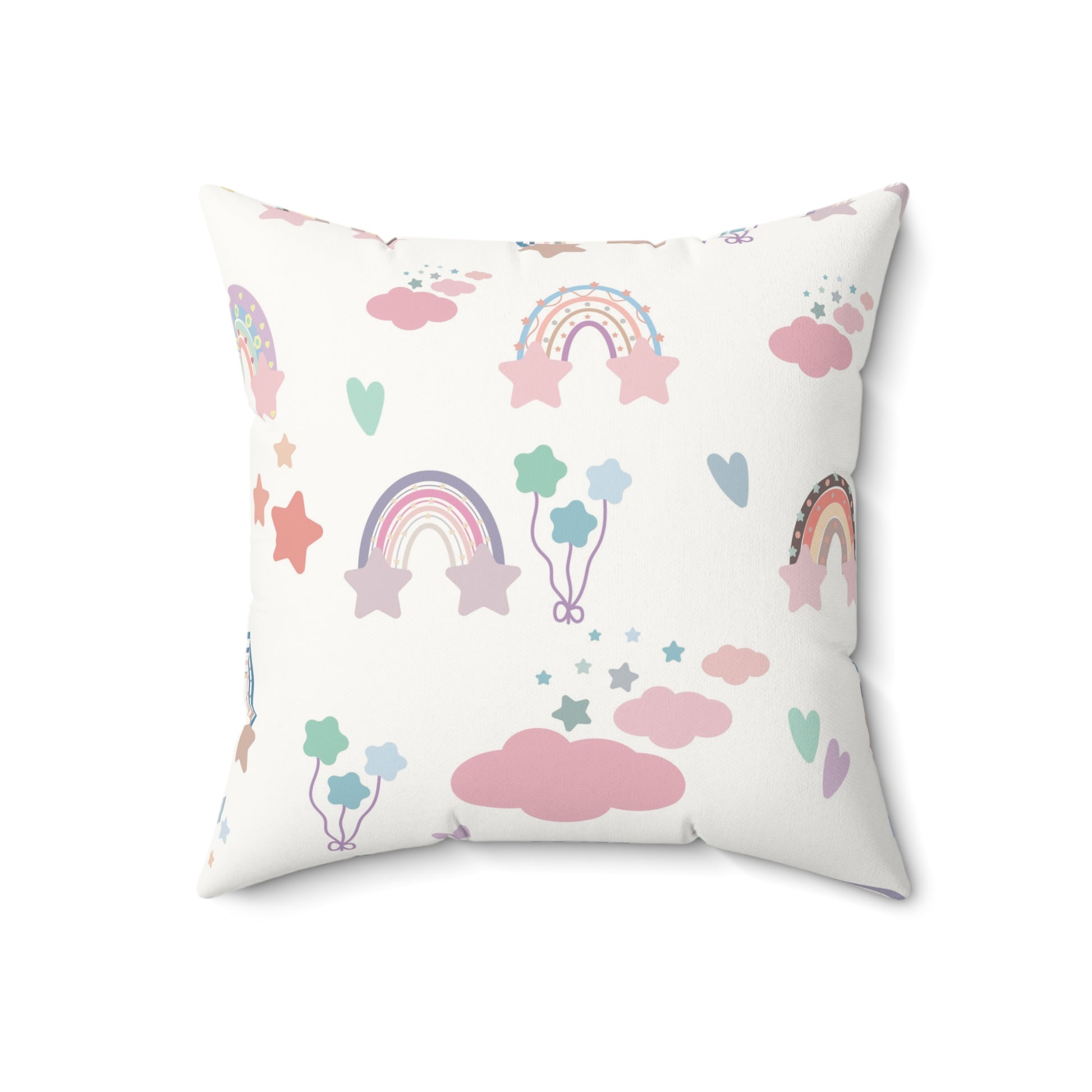 Close detail of the confetti rainbow print on the faux suede pillow