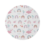 Confetti Rainbows round nursery rug on a baby room floor