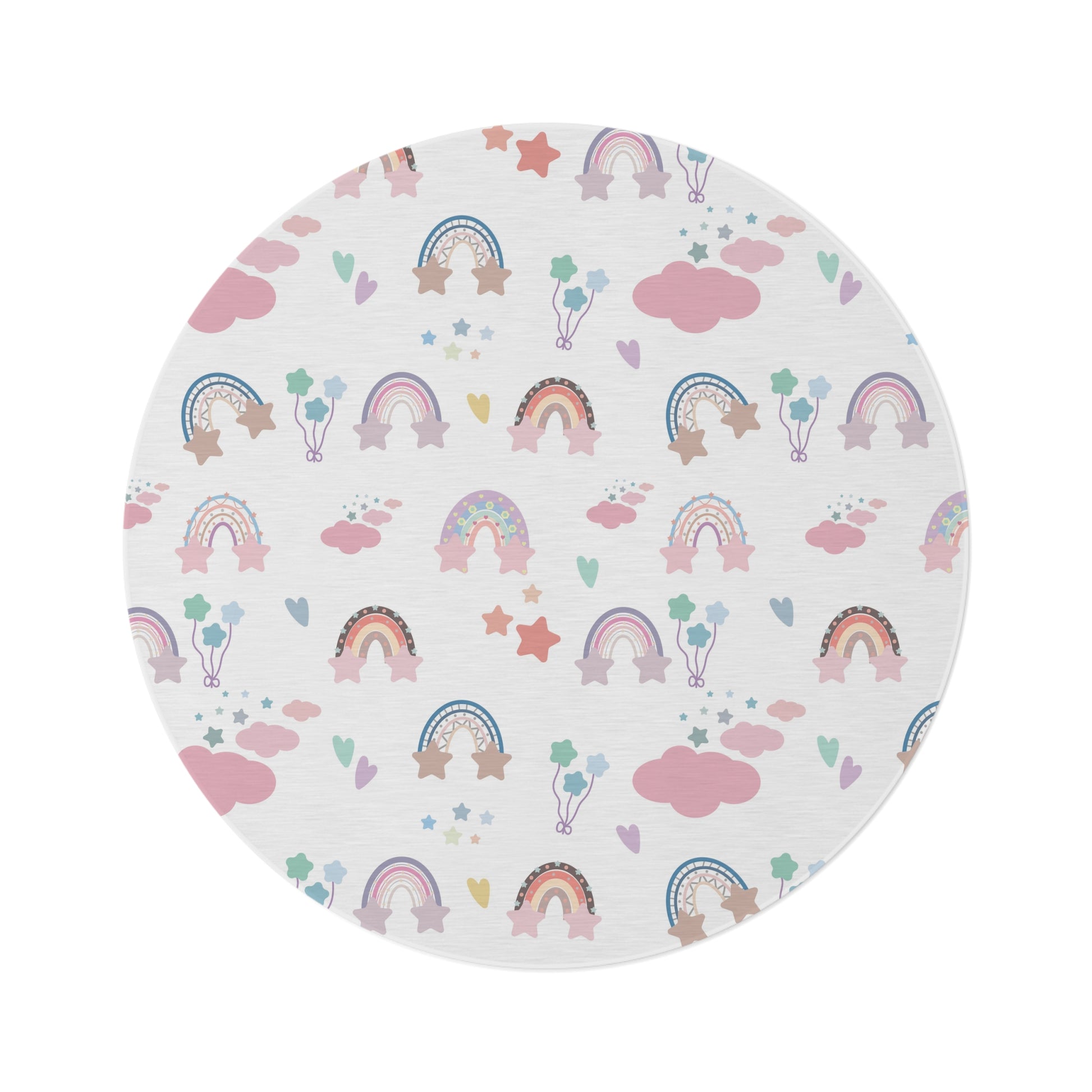 Confetti Rainbows round nursery rug on a baby room floor