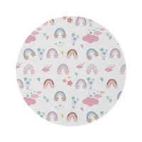 Confetti Rainbows round nursery rug on a baby room floor