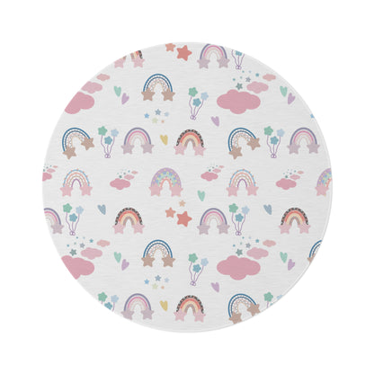 Confetti Rainbows round nursery rug on a baby room floor