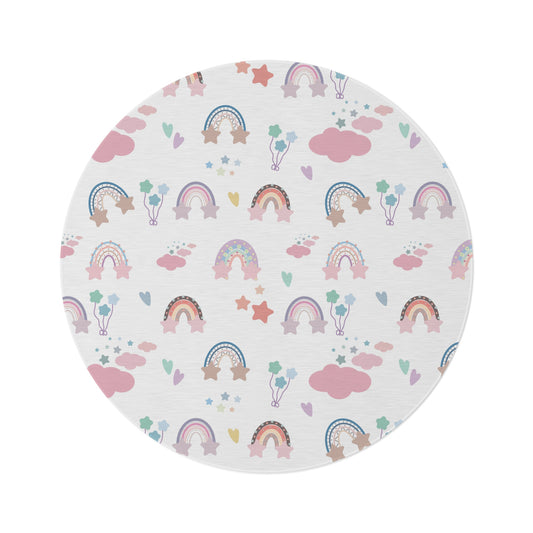 Confetti Rainbows round nursery rug on a baby room floor