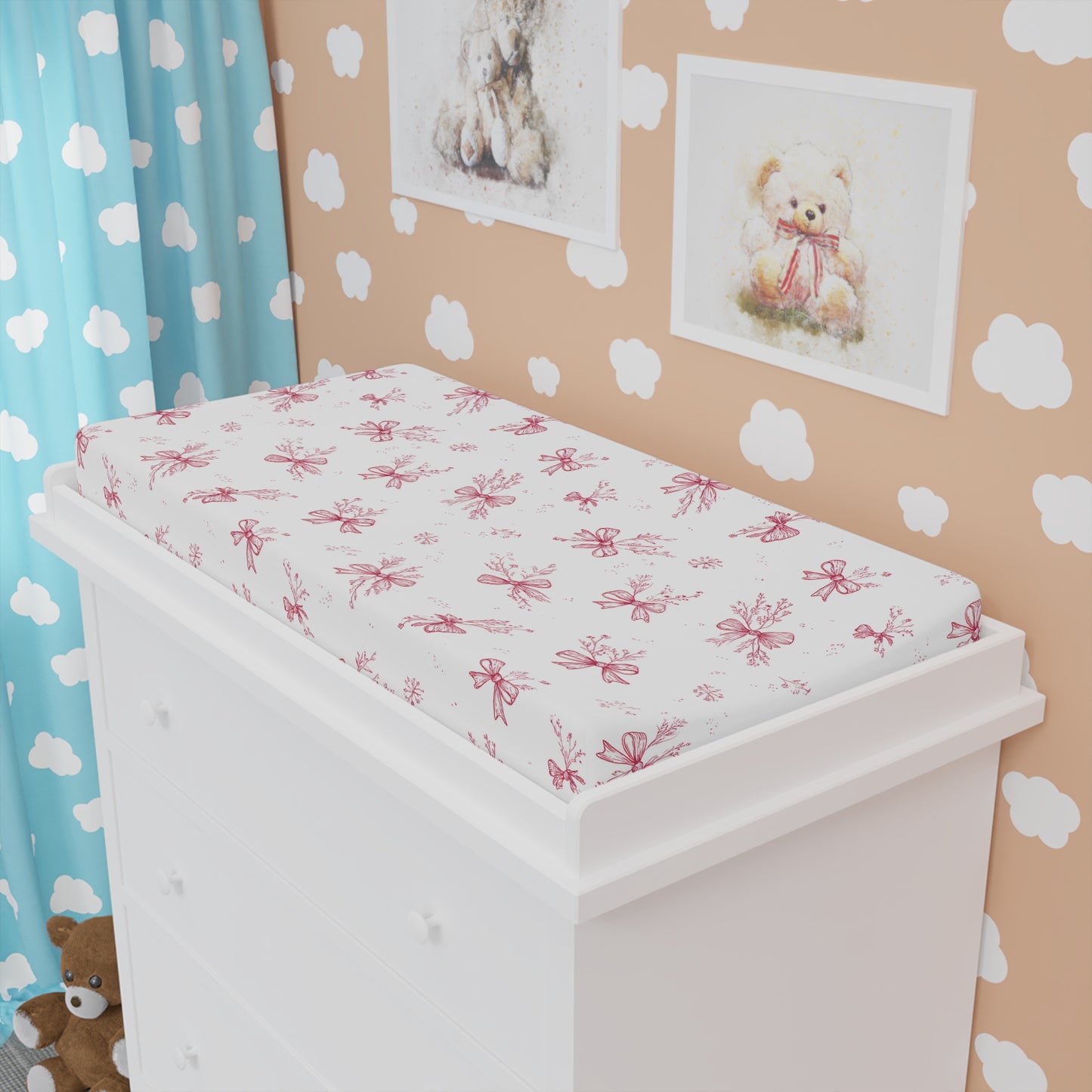 Close detail of the Crimson Bow print on the changing pad cover