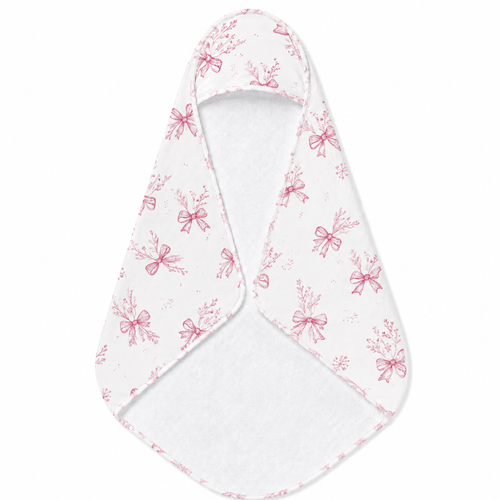 Crimson Bow hooded baby towel wrapped around a baby