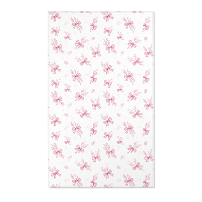 Raspberry toile bow nursery area rug on pale linen