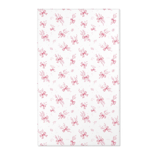 Raspberry toile bow nursery area rug on pale linen