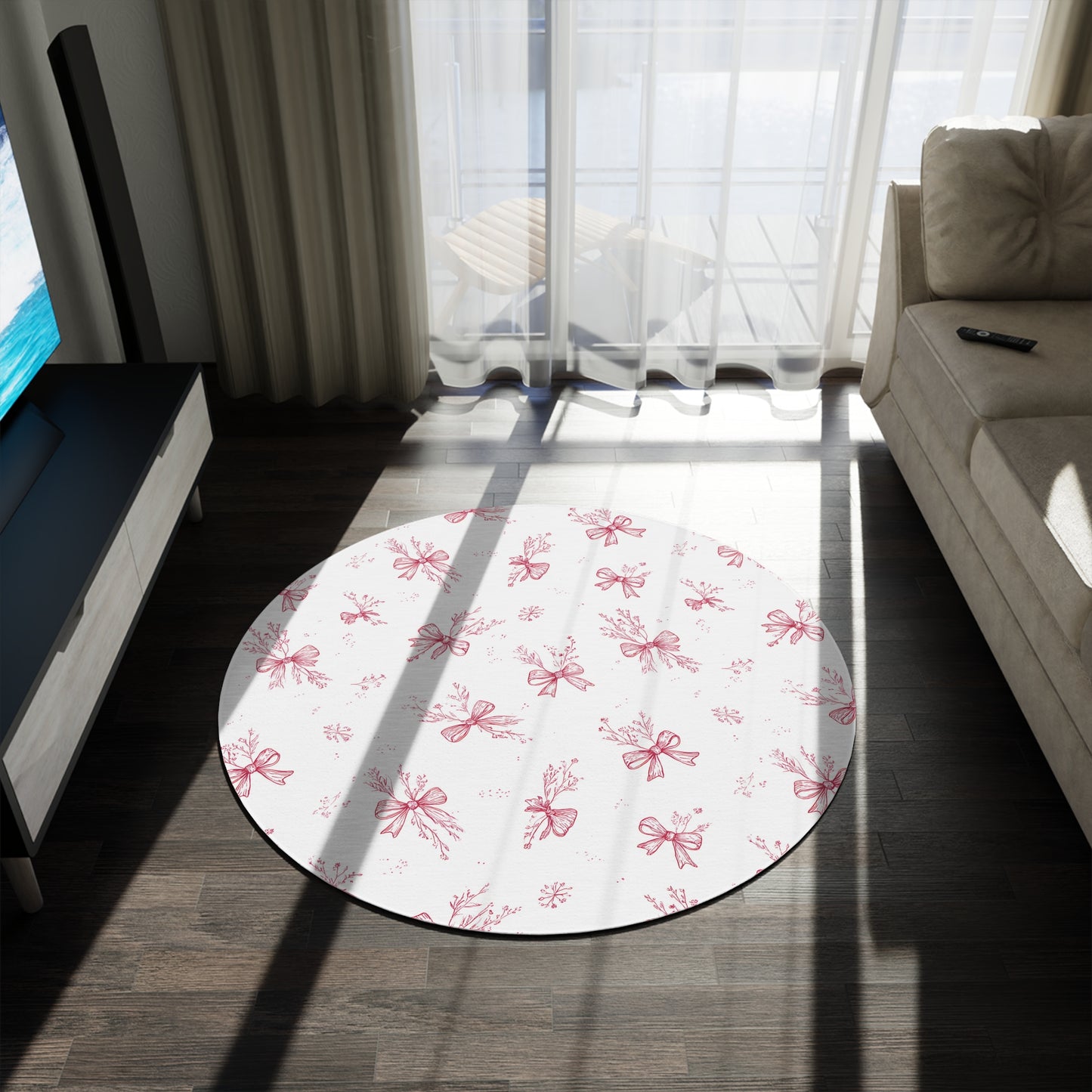 60 inch round nursery rug, Crimson Bow toile print