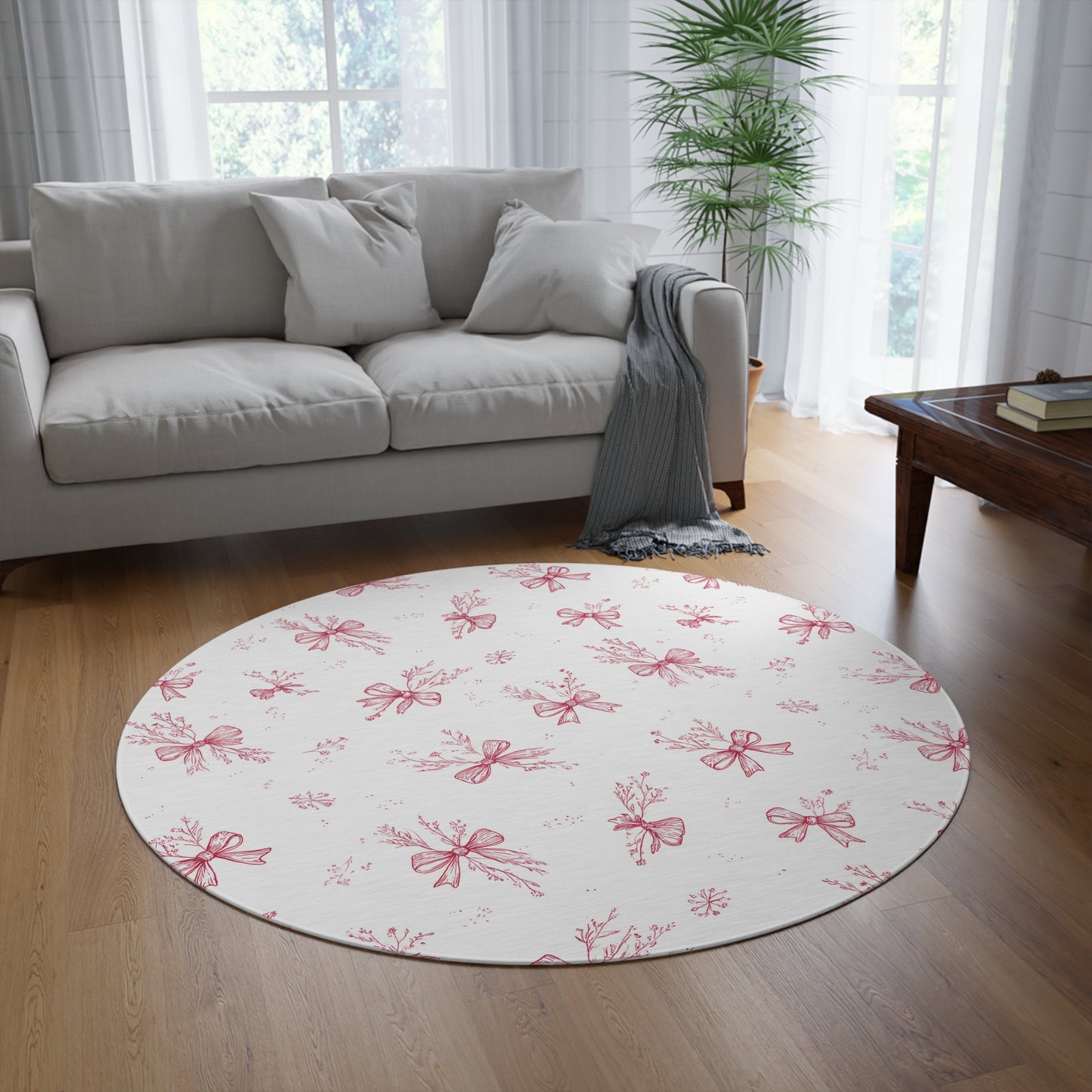 Close detail of the Crimson Bow print on the round rug