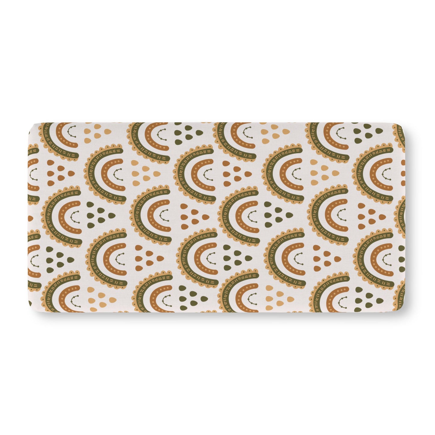 Fitted crib sheet in olive, ochre and rust rainbow arches