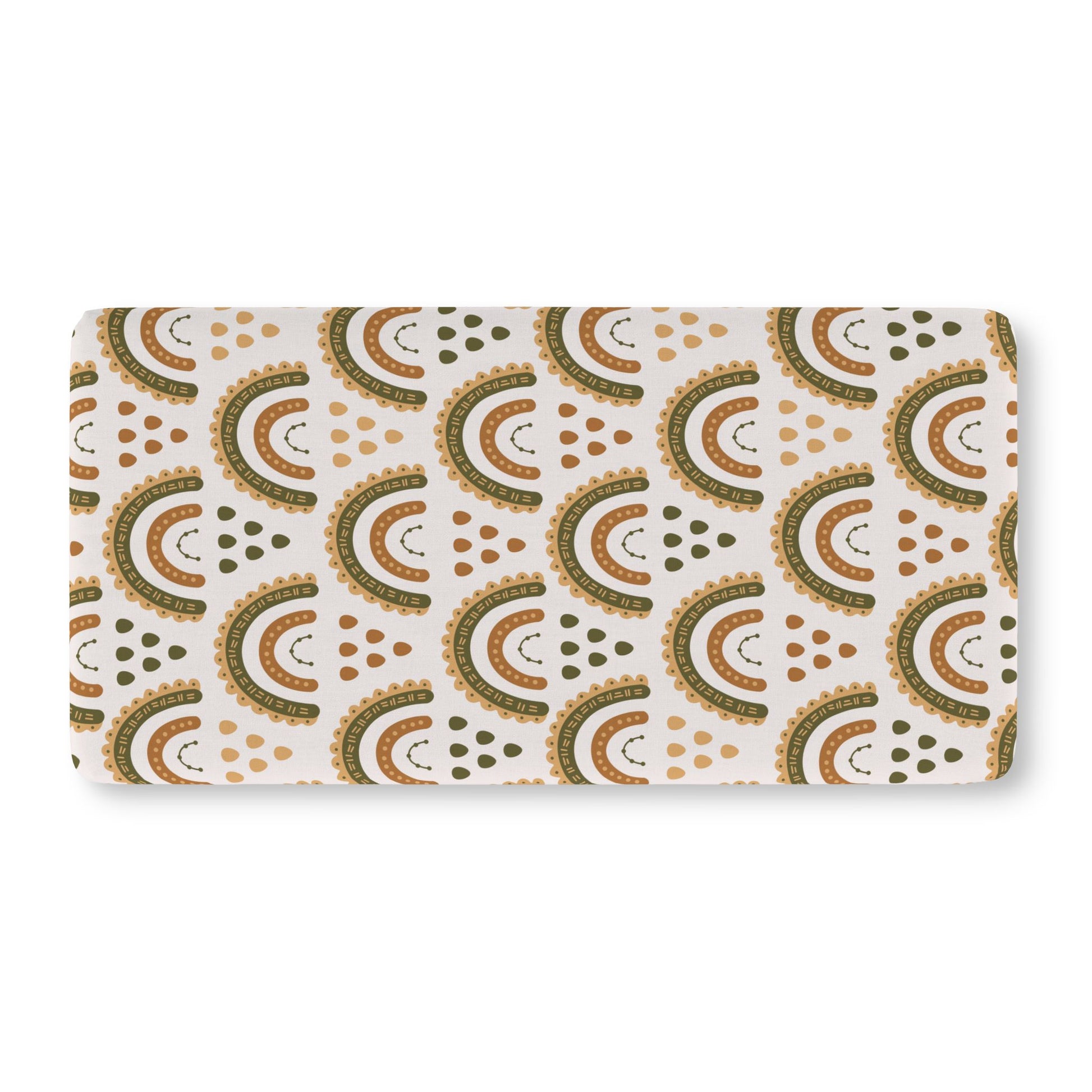 Fitted crib sheet in olive, ochre and rust rainbow arches