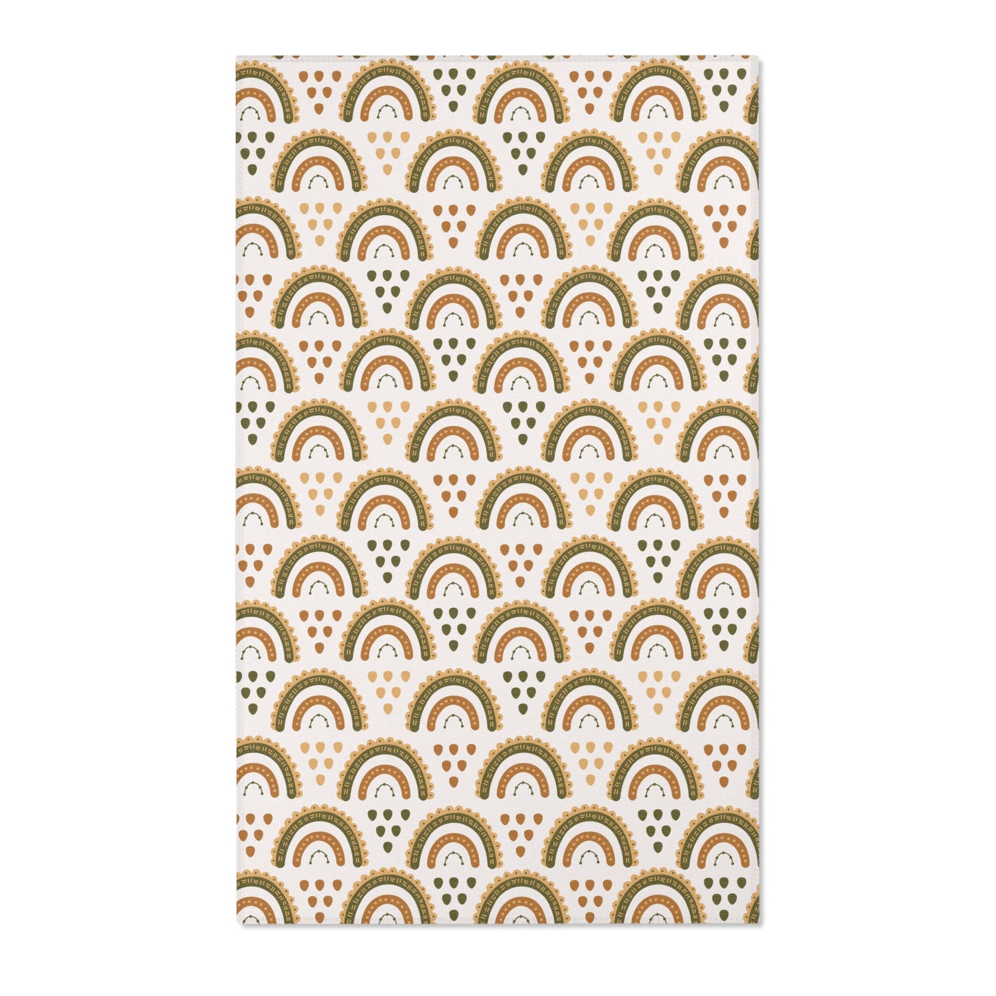 Boho rainbow nursery area rug in olive, ochre and rust