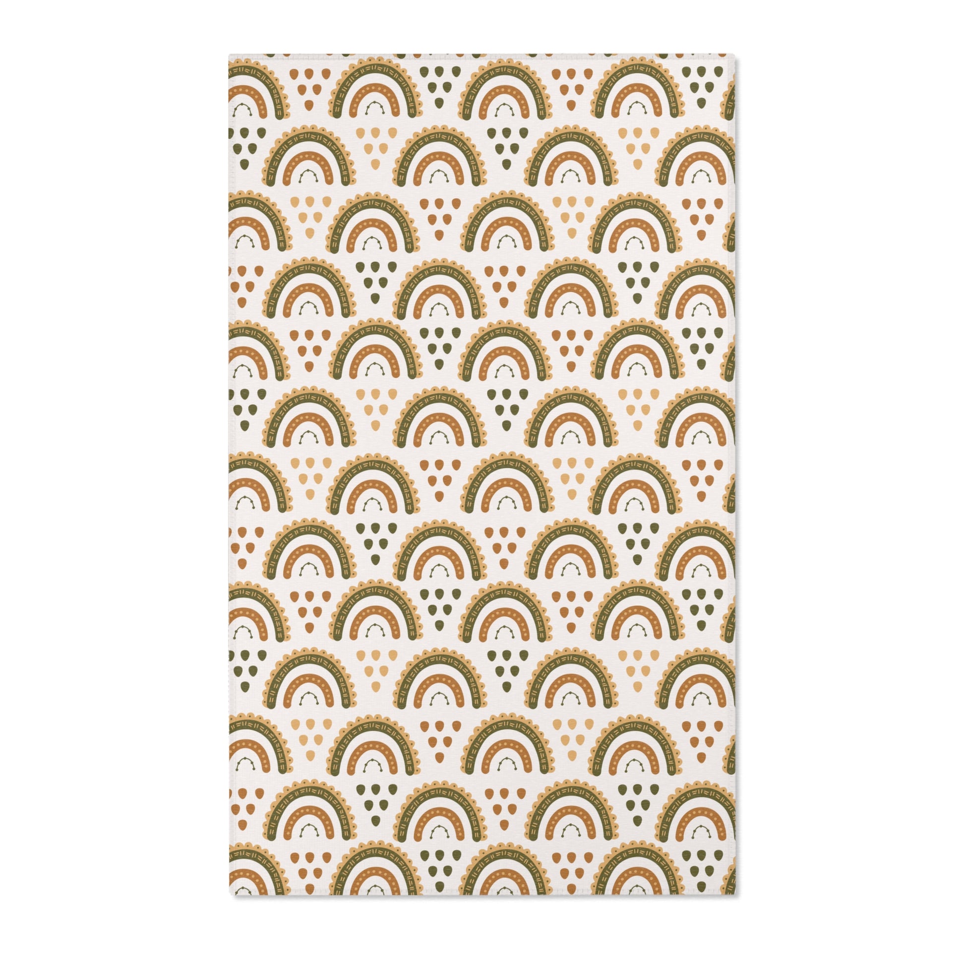 Boho rainbow nursery area rug in olive, ochre and rust