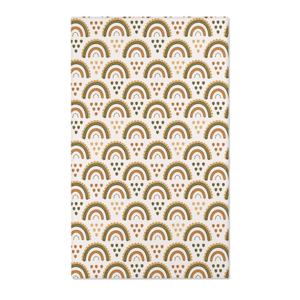 Boho rainbow nursery area rug in olive, ochre and rust