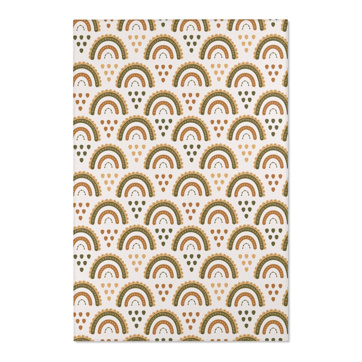 Close detail of the scalloped rainbow arches on the area rug