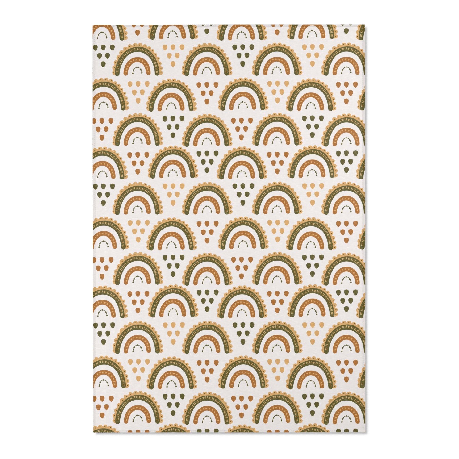 Close detail of the scalloped rainbow arches on the area rug
