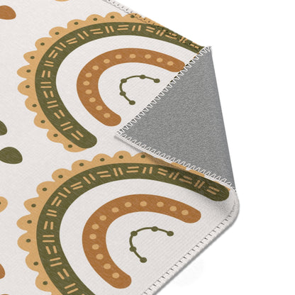 Desert Rainbow rug print detail in ochre and olive