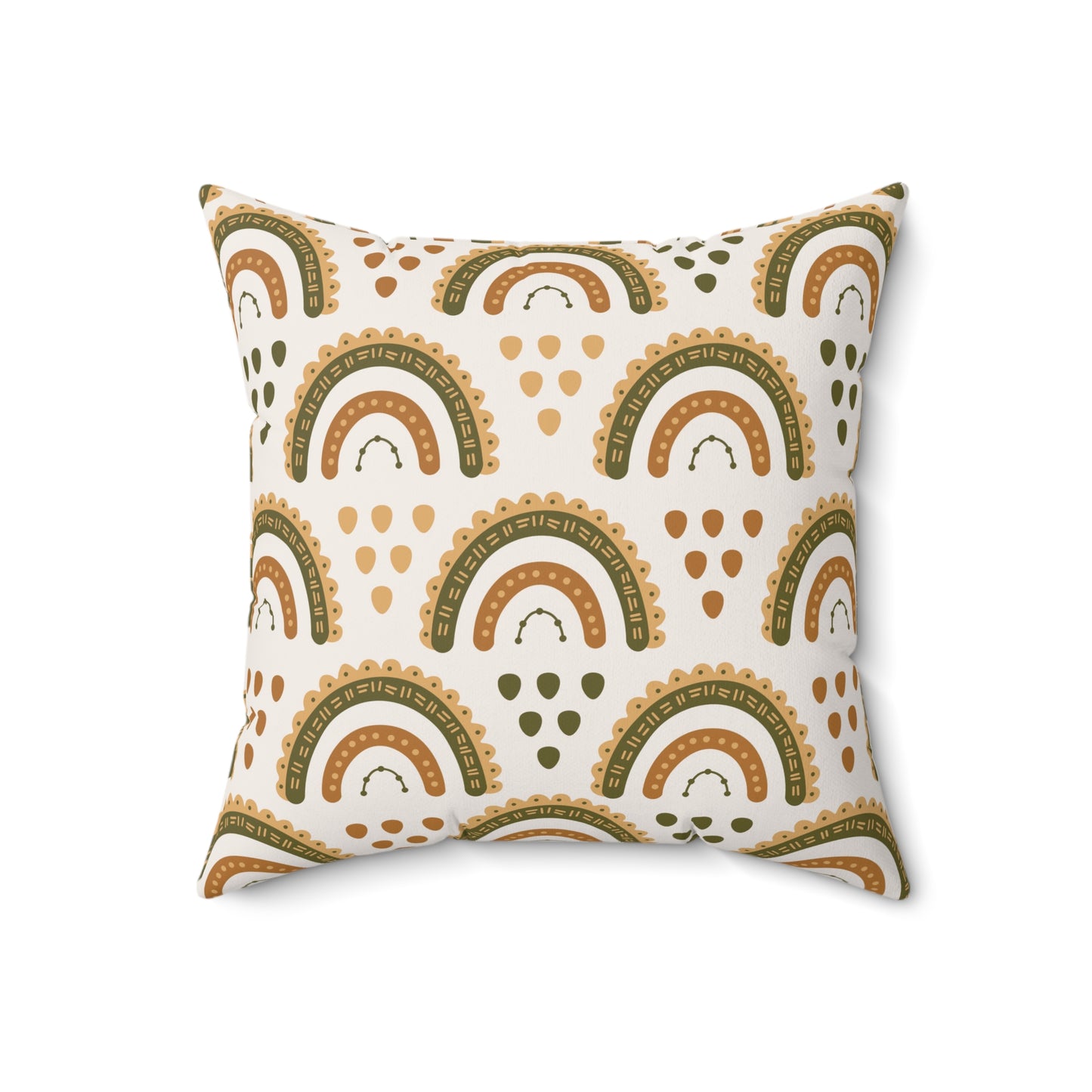 Close detail of the scalloped rainbow print on the faux suede pillow