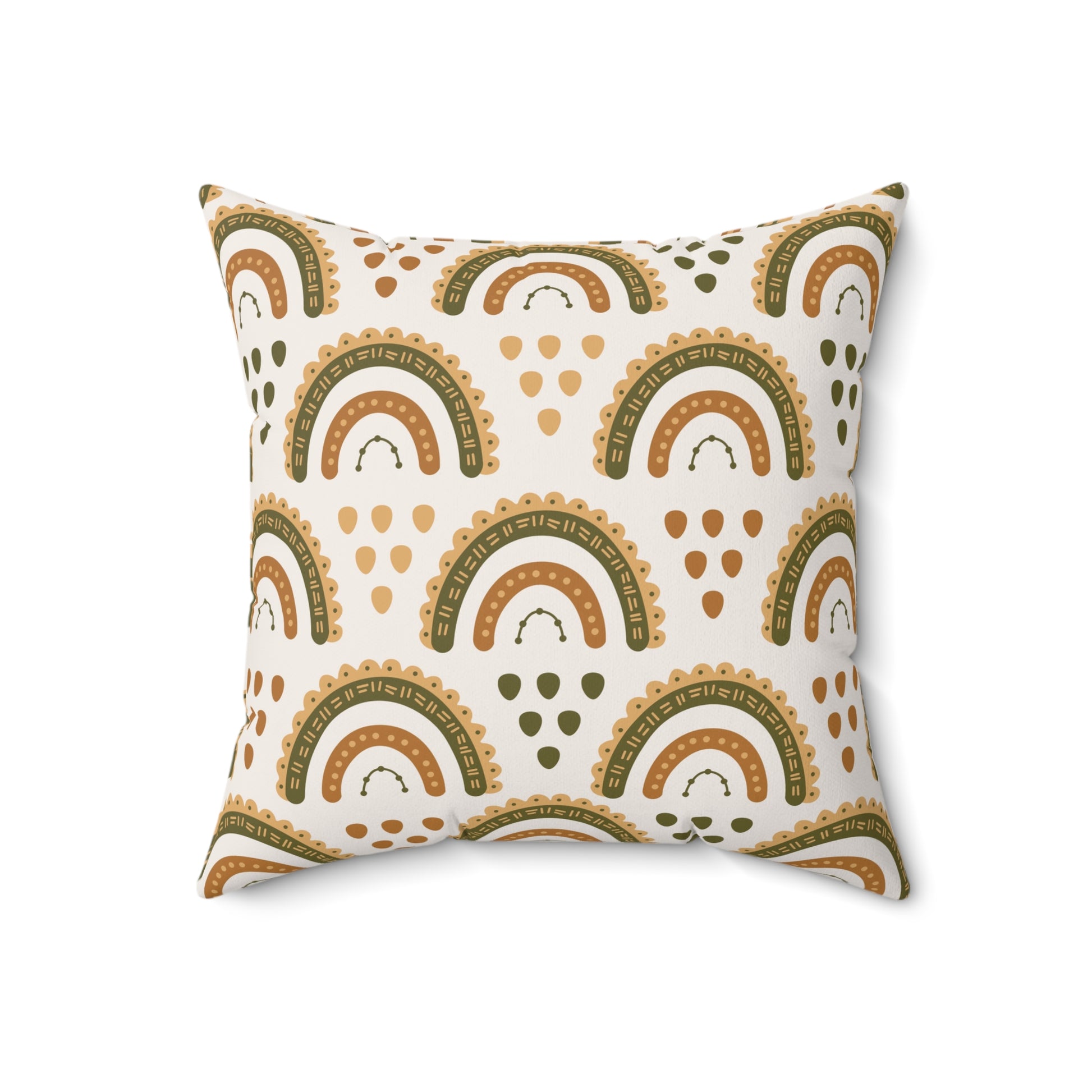 Close detail of the scalloped rainbow print on the faux suede pillow