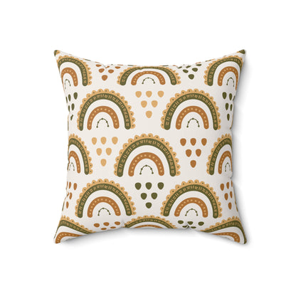 Close detail of the scalloped rainbow print on the faux suede pillow