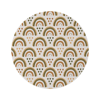 Desert Rainbow round nursery rug on a baby room floor