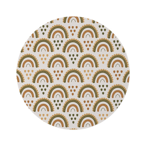 Desert Rainbow round nursery rug on a baby room floor