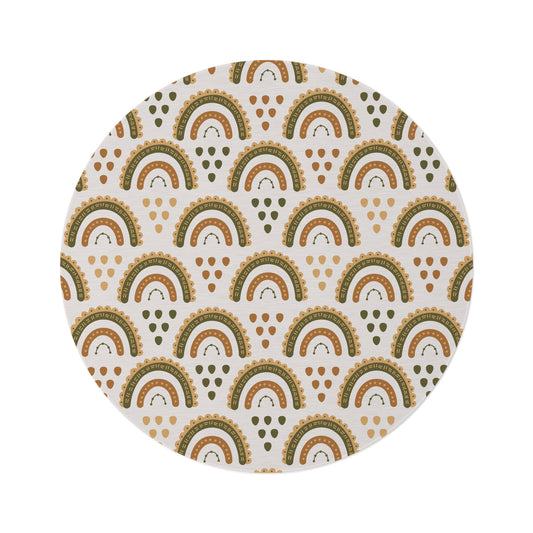 Desert Rainbow round nursery rug on a baby room floor