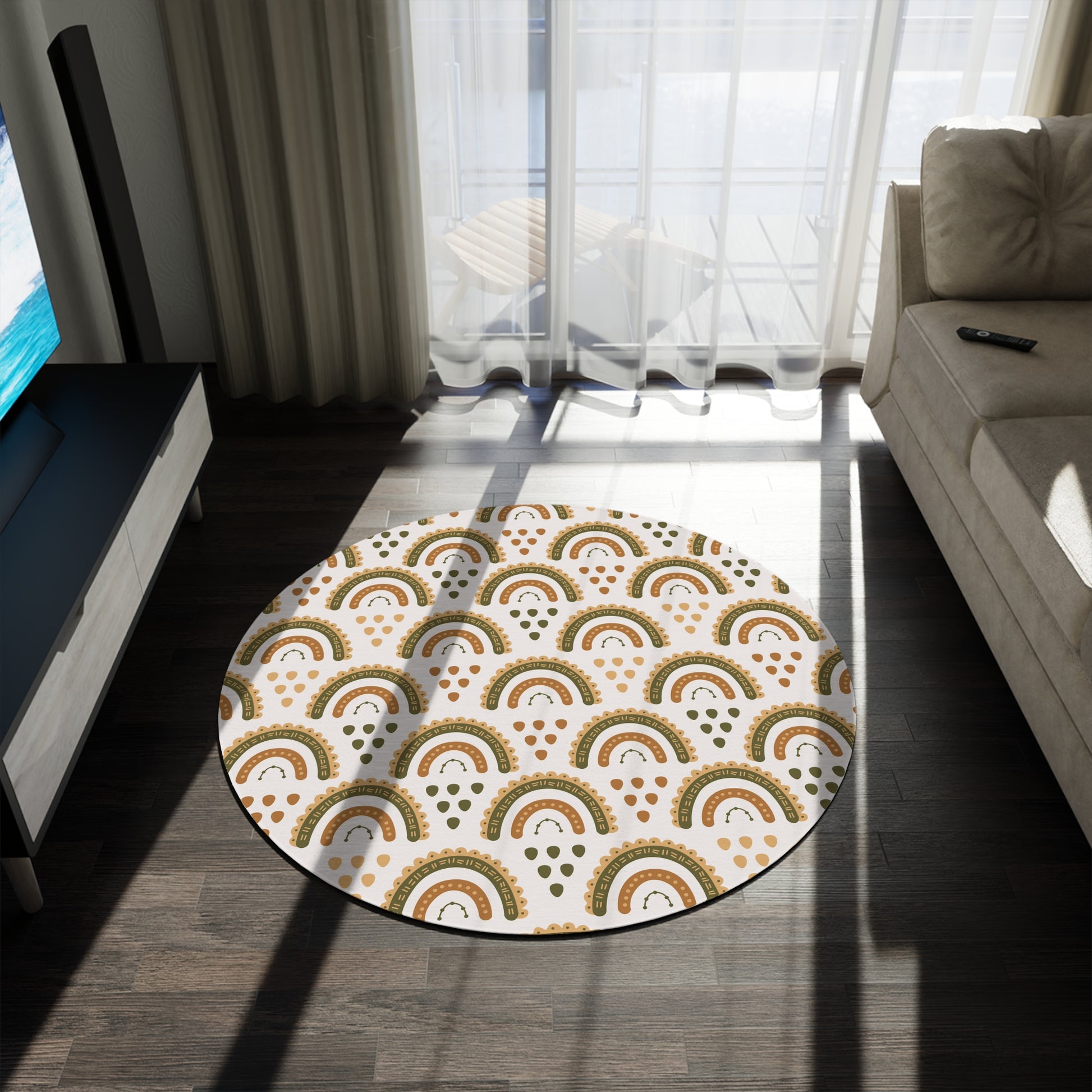 Close detail of the rainbow arches on the round nursery rug