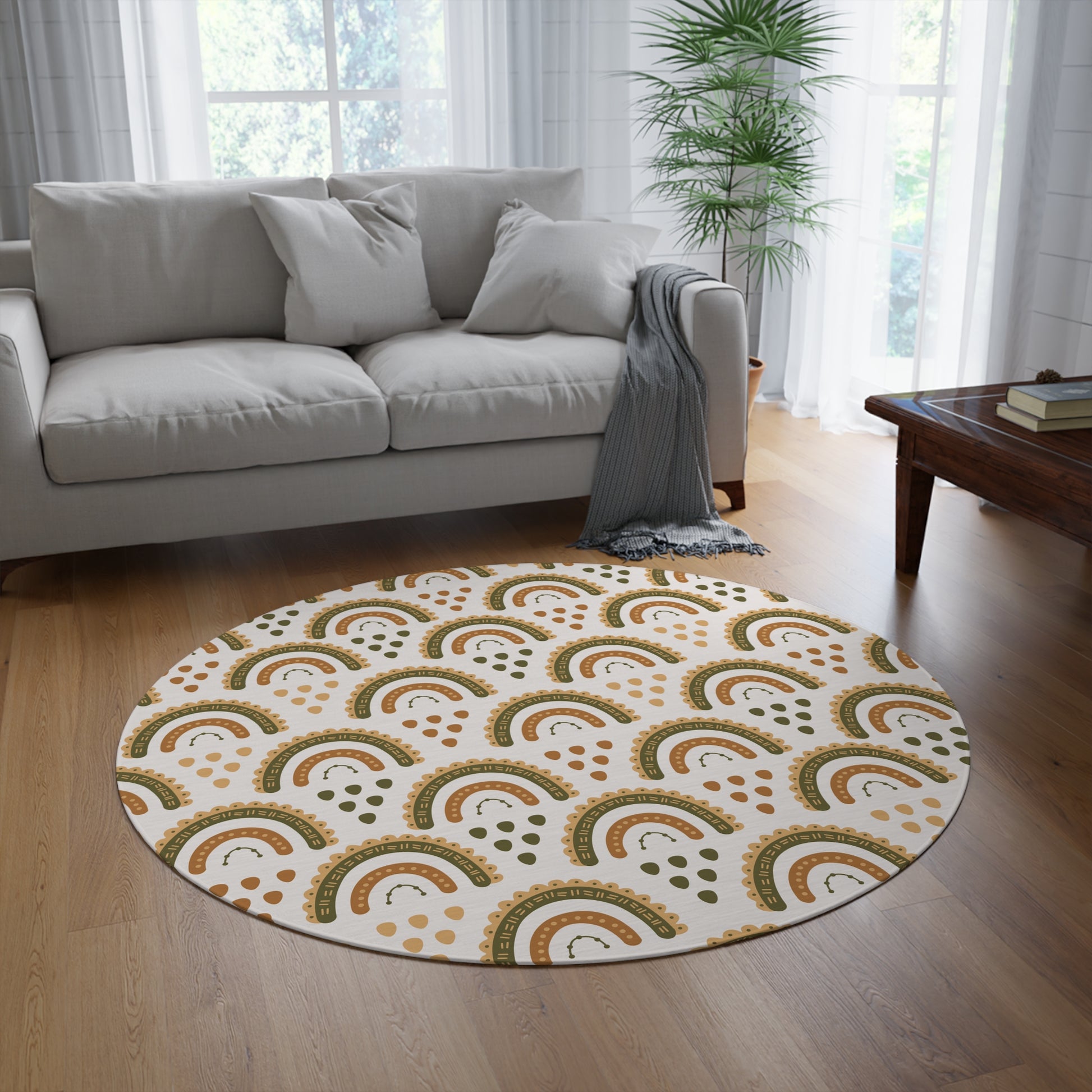 Desert Rainbow round rug, 60 inches across, in ochre and olive