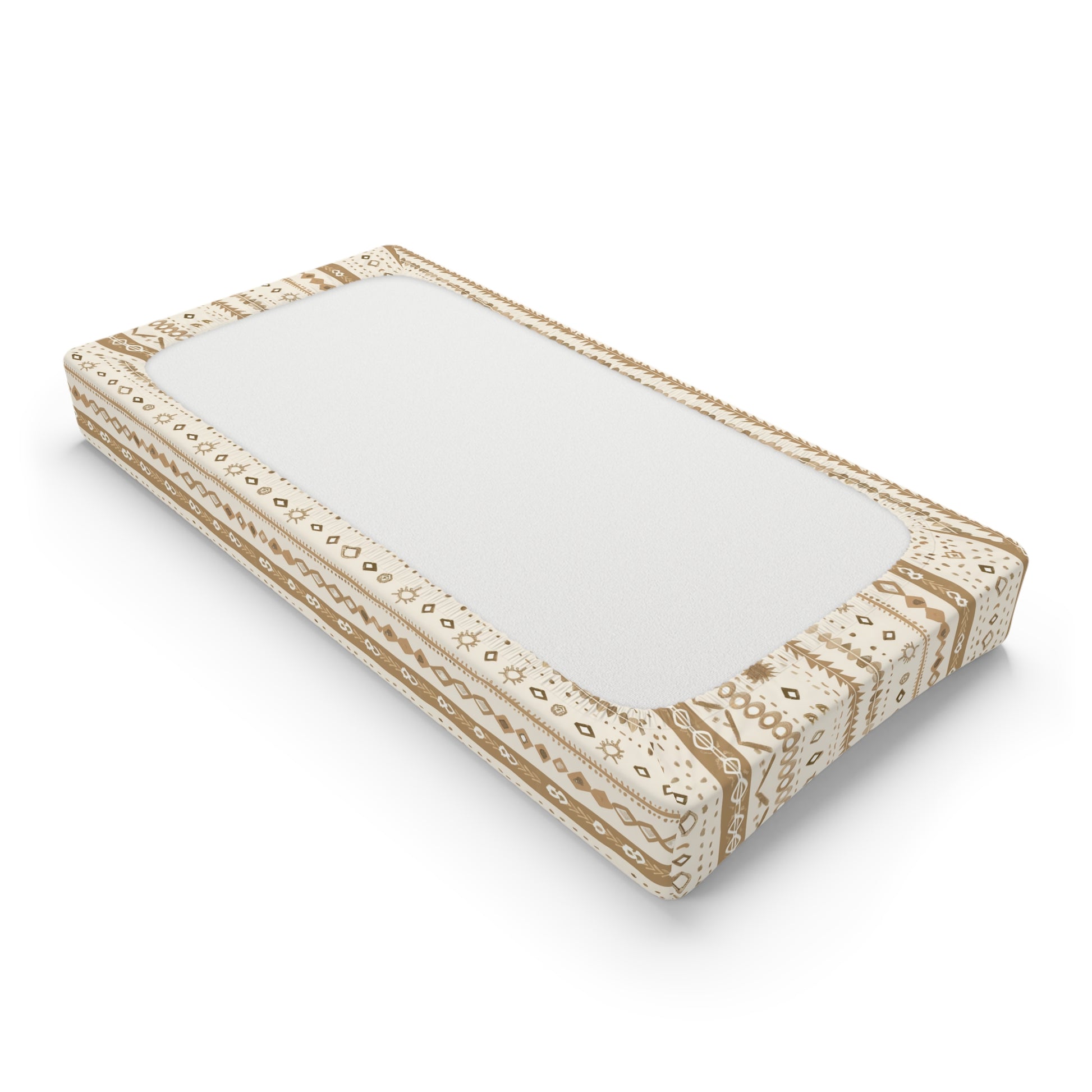 Changing pad cover in camel and tan folk motif stripes