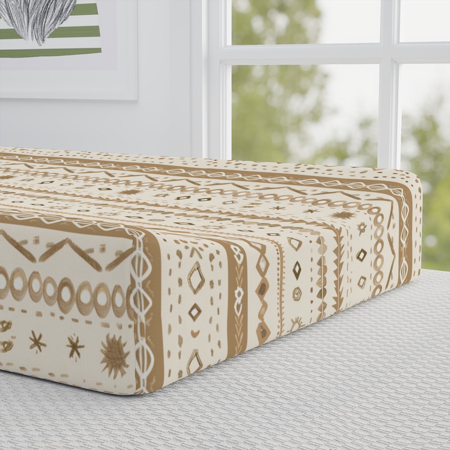 Close detail of the Desert Stripe print on the changing pad cover