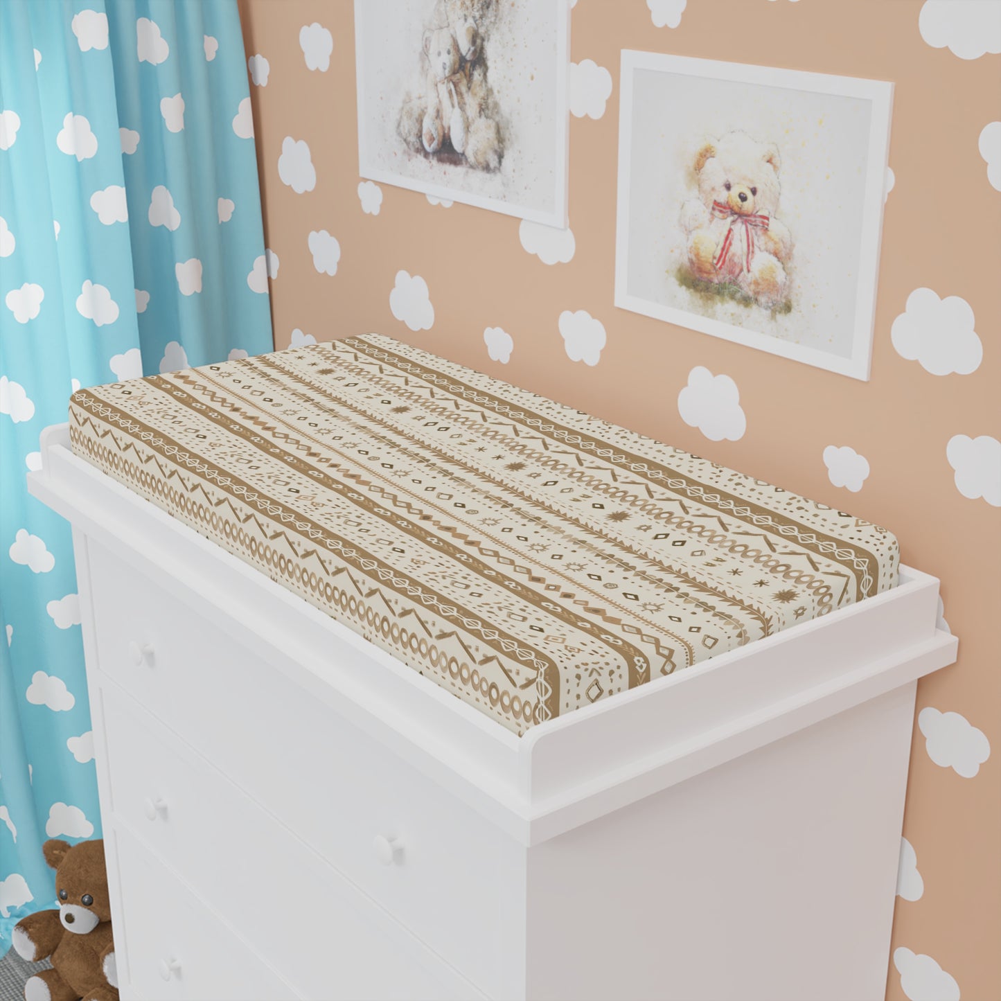 Desert Stripe changing pad cover fitted over a contoured pad