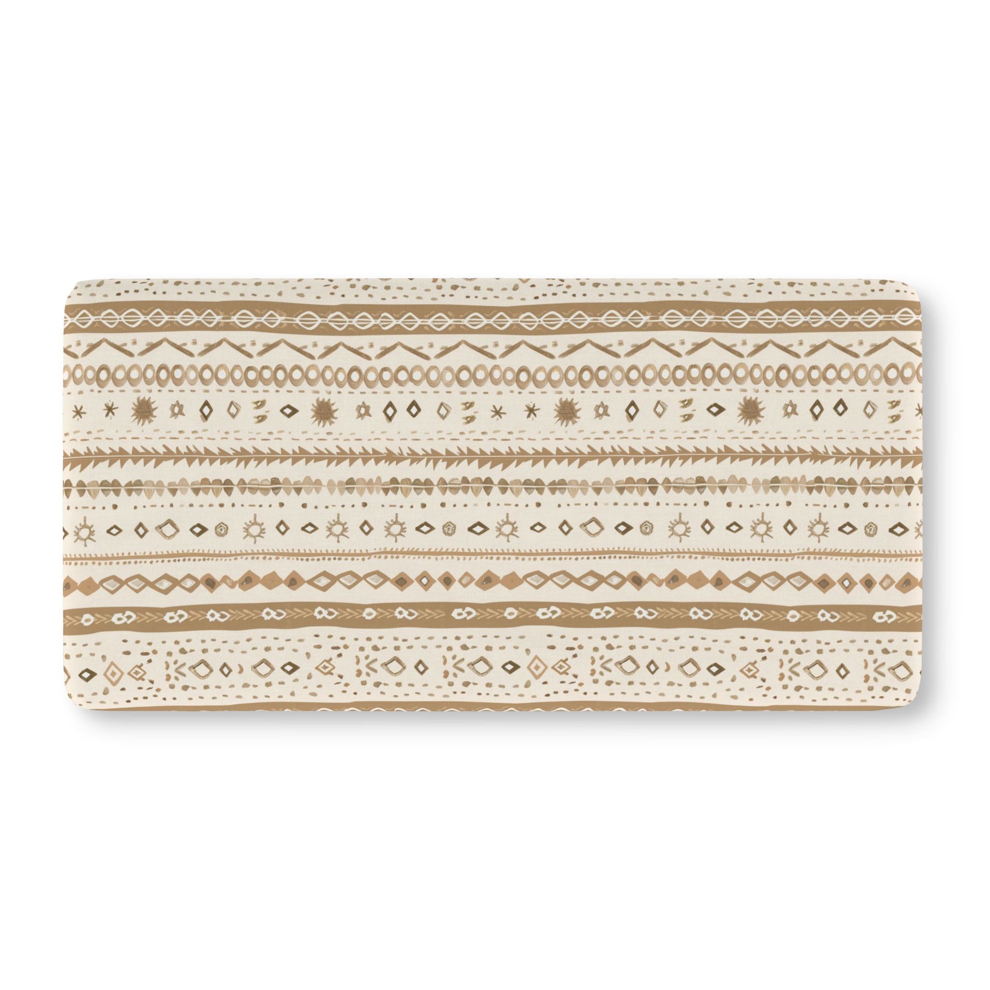 Fitted crib sheet with camel and tan folk stripes on cream