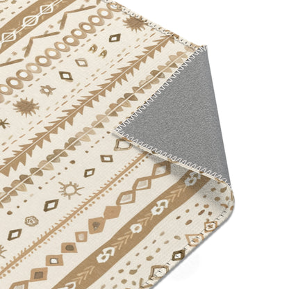 Woven-look striped rug in camel and tan for a nursery floor