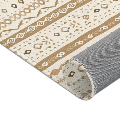 Vertical bands of diamonds and chevrons across the area rug