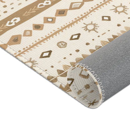 Nursery area rug in a camel, tan and cream palette