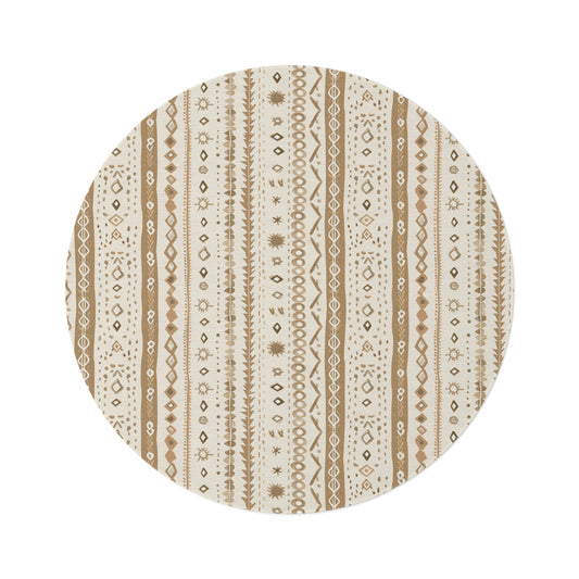 Desert Stripe round nursery rug on a baby room floor