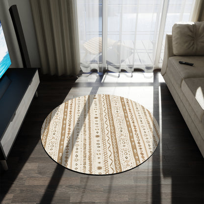 Close detail of the drawn diamonds and suns on the round rug