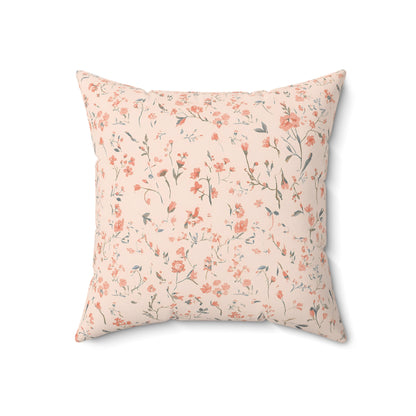 Close detail of the small flower print on the faux suede pillow