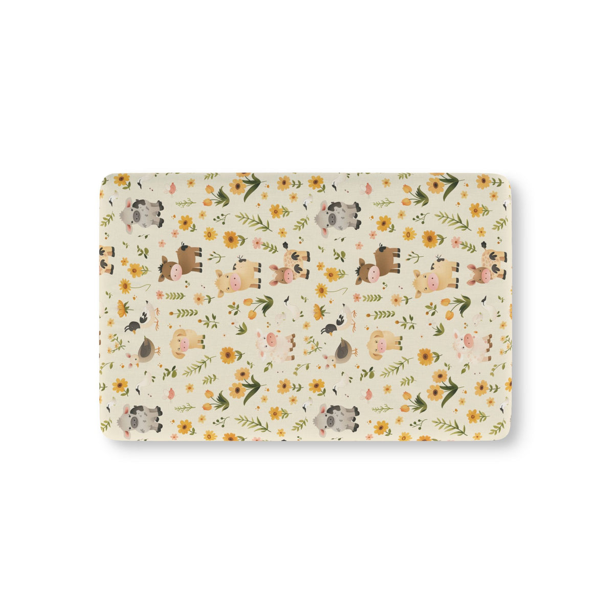 Farmyard Friends fitted crib sheet on a nursery crib mattress